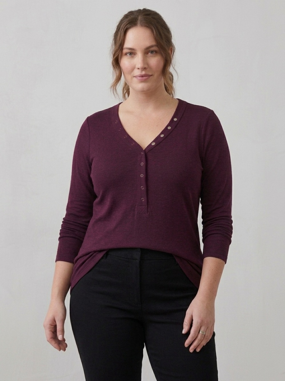 torrid Plum Henley Snap-Front Long Sleeve Top